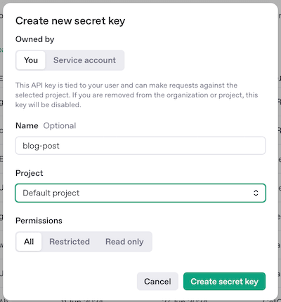 Screenshot of creating OpenAI API Key