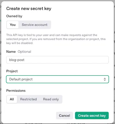 Screenshot of creating OpenAI API Key