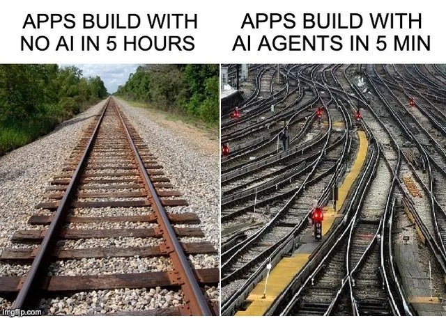 Manual code is simple single train track, AI code is complex multi-dimensional train tracks